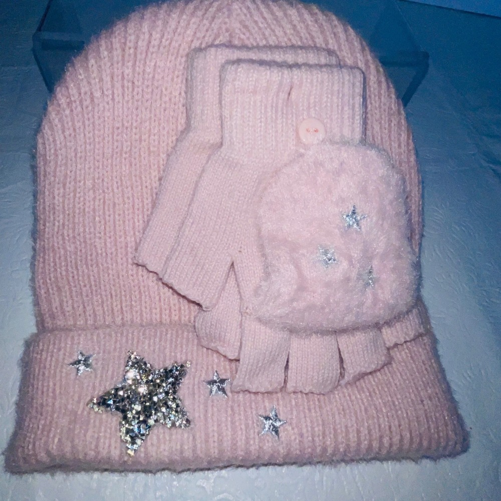 Star Rhinestone Beanie and Convertible Mitten Set Pink Knit Winter Accessories